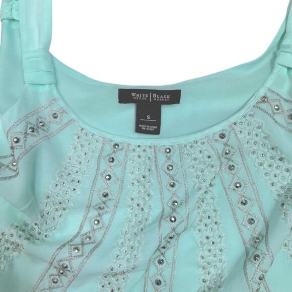 White House Black Market Embellished Embroidery Rhinestone Tank Top Teal Small - Picture 8 of 16